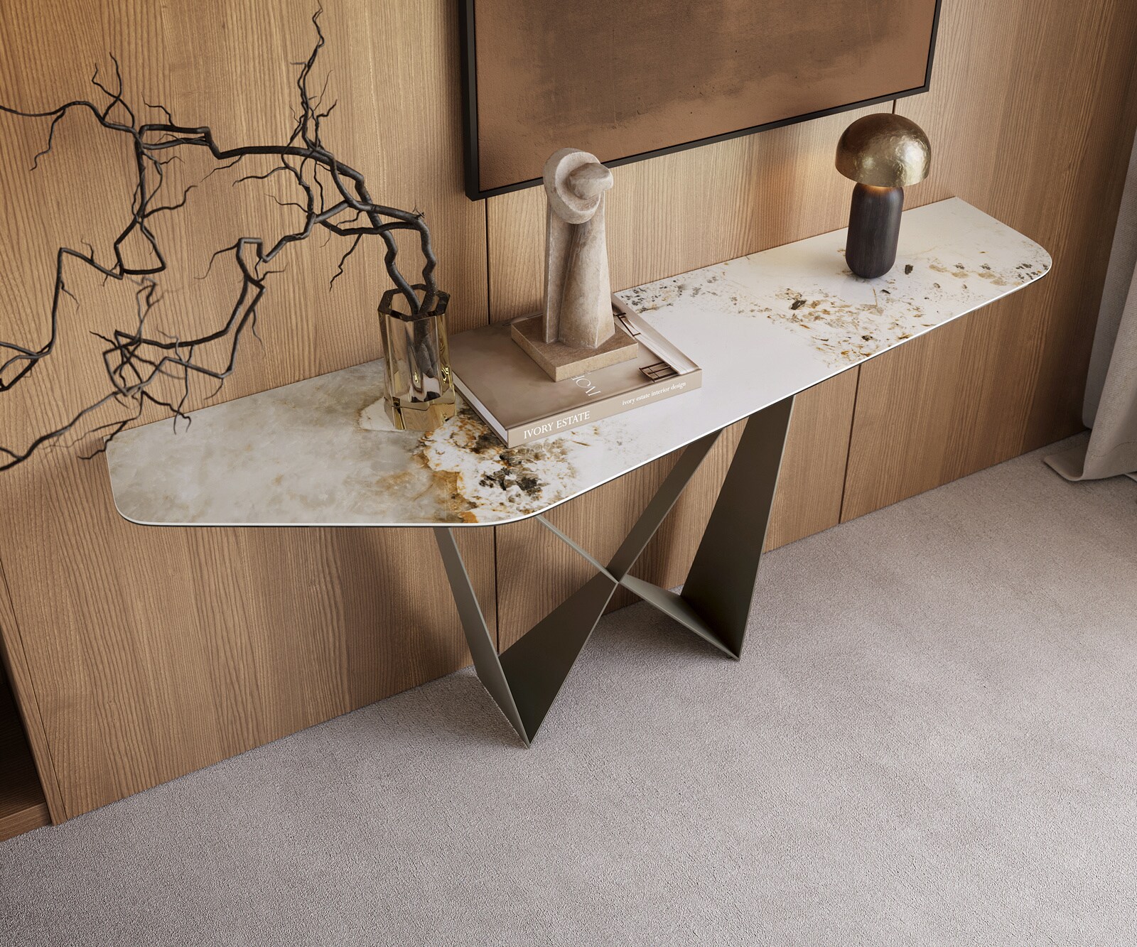 Konsolentisch Edge Polygonal 180x50 cm Keramik Minas Melange Weiß-Beige Spios Metall Effektfinish Titan 1