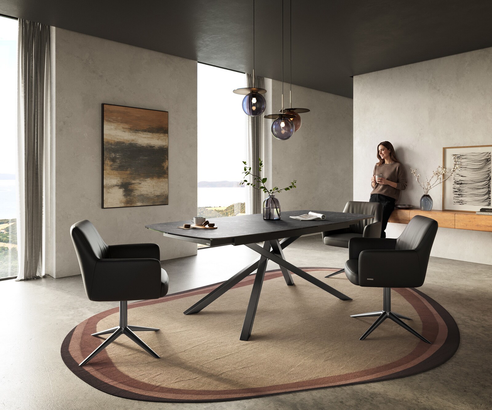 Esstisch Edge Boot 180-220x100 cm Keramik Laminam® Nero Greco Anthrazit Kreuzgestell Rechteck Edelstahl Graphit ausziehbar 6