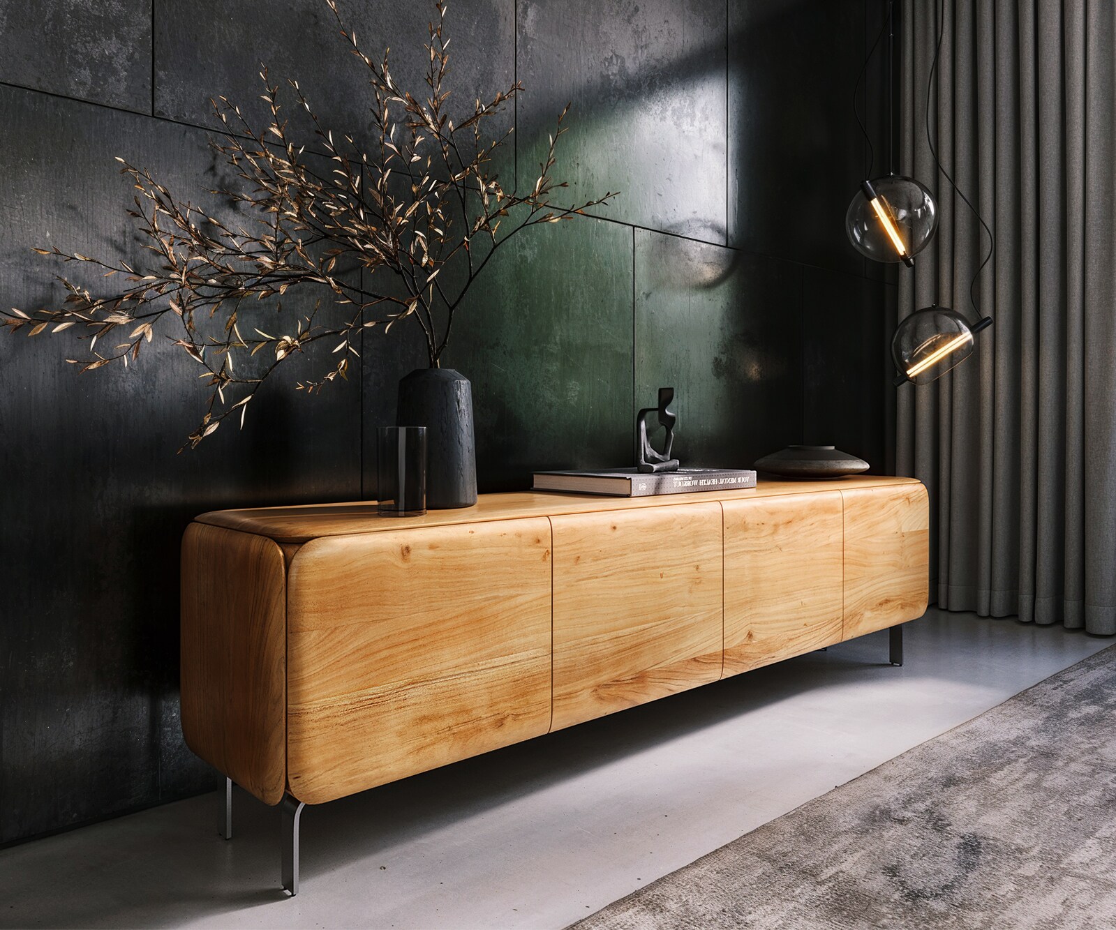 Lowboard Shavani 200 cm Akazie Natur 4 Türen L-Fuß Edelstahl Silber 1