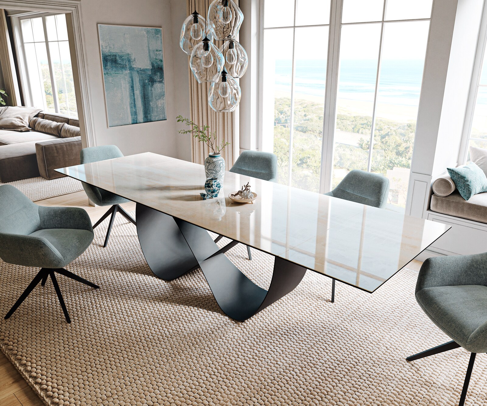 Esstisch Edge 200-300x100 cm Keramik Onyx Champagne Infinity Metall Schwarz ausziehbar 1