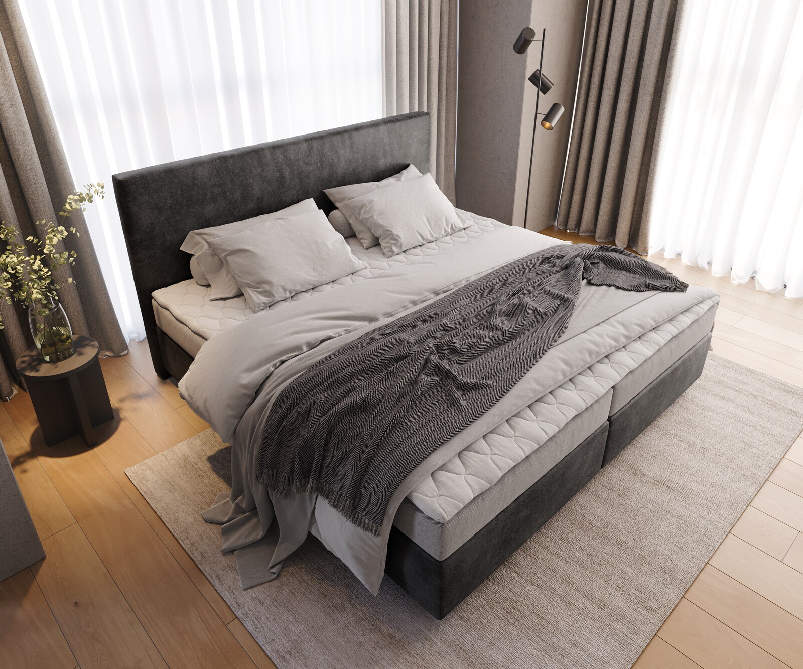 Boxspringbett Dream-Well Mikrofaser Anthrazit Vintage 200x200 cm Bonell-Matratze PU-Topper 3