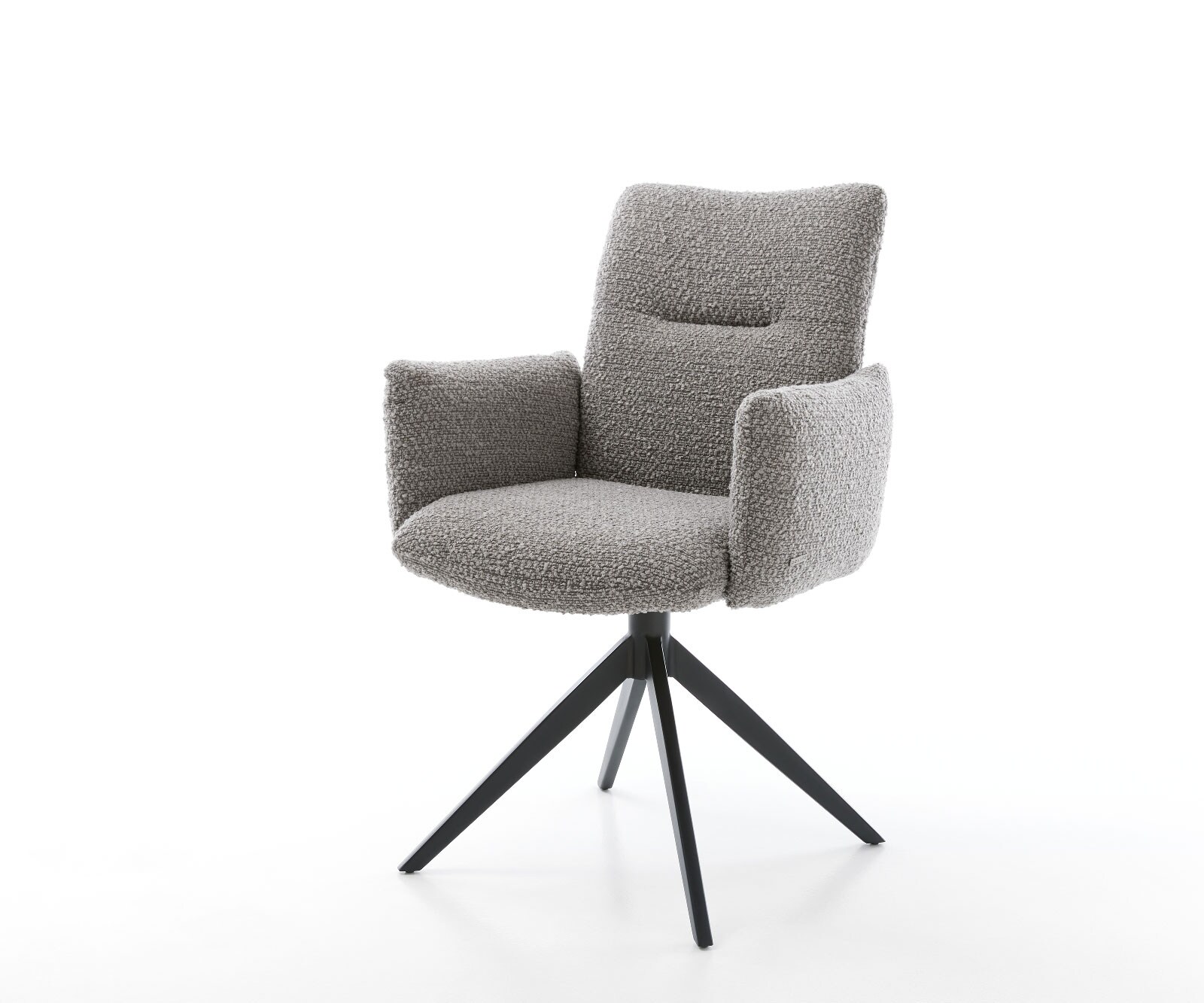 Drehstuhl Jova-Flex mit Armlehnen Bouclé Silbergrau Kreuzgestell breit Schwarz 360° drehbar Taschenfederkern