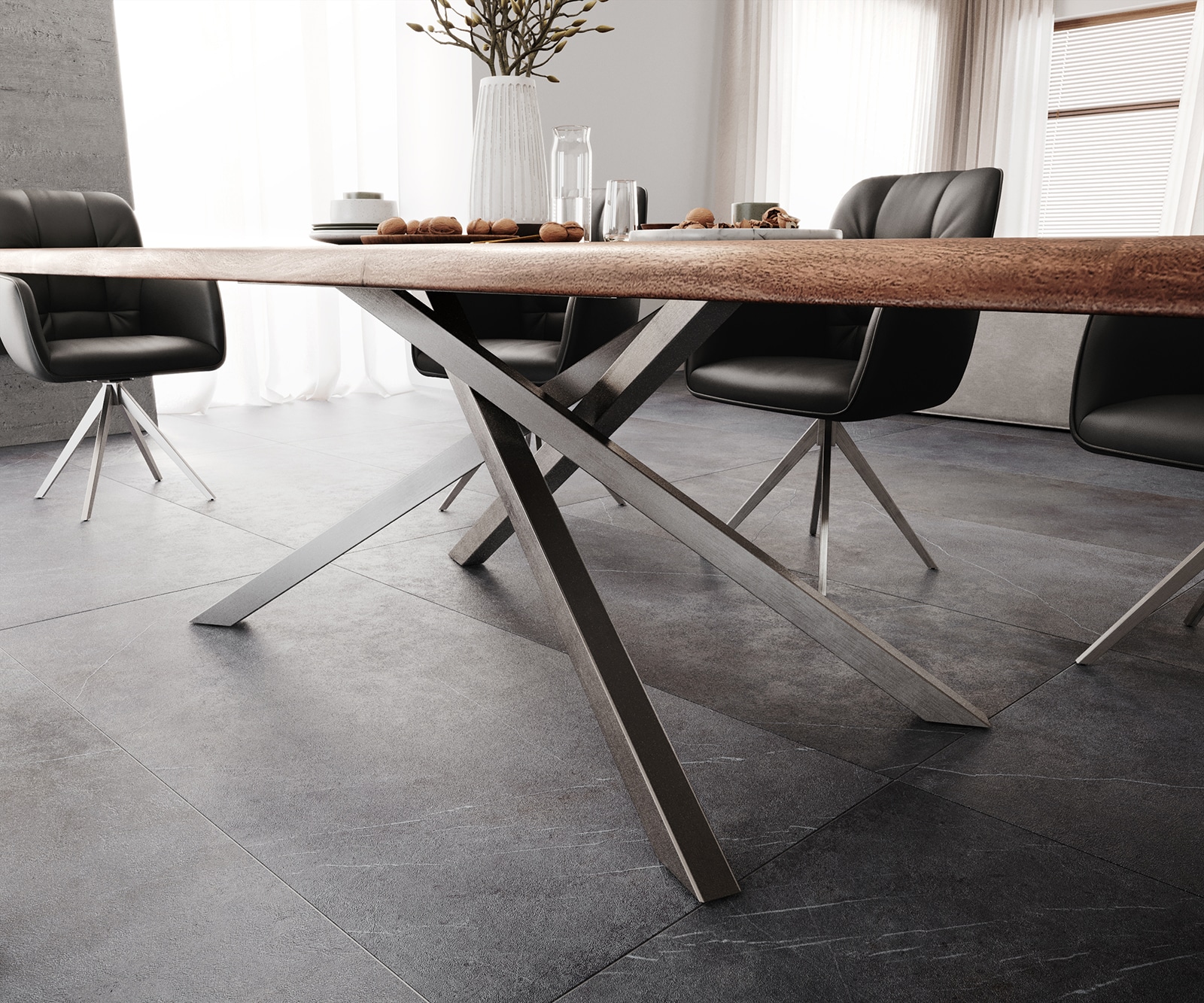 Esstisch Edge 300x100 XL Akazie Braun Kreuzgestell Rechteck Edelstahl Live-Edge 7