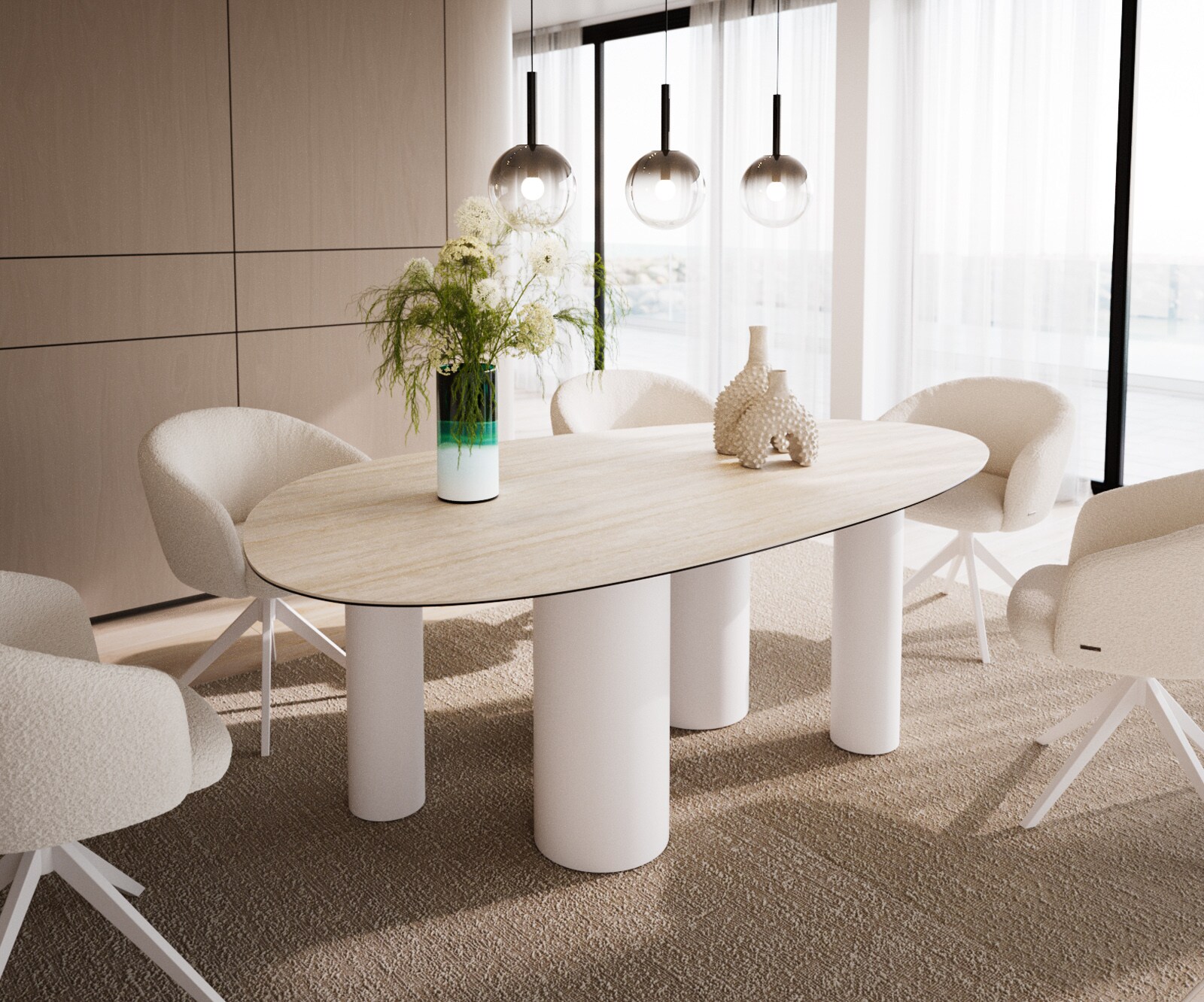 Esstisch Edge Oval 220x120 Keramik Laminam®Travertino Bianco Creme-Weiß ​Pilier Metall Weiß