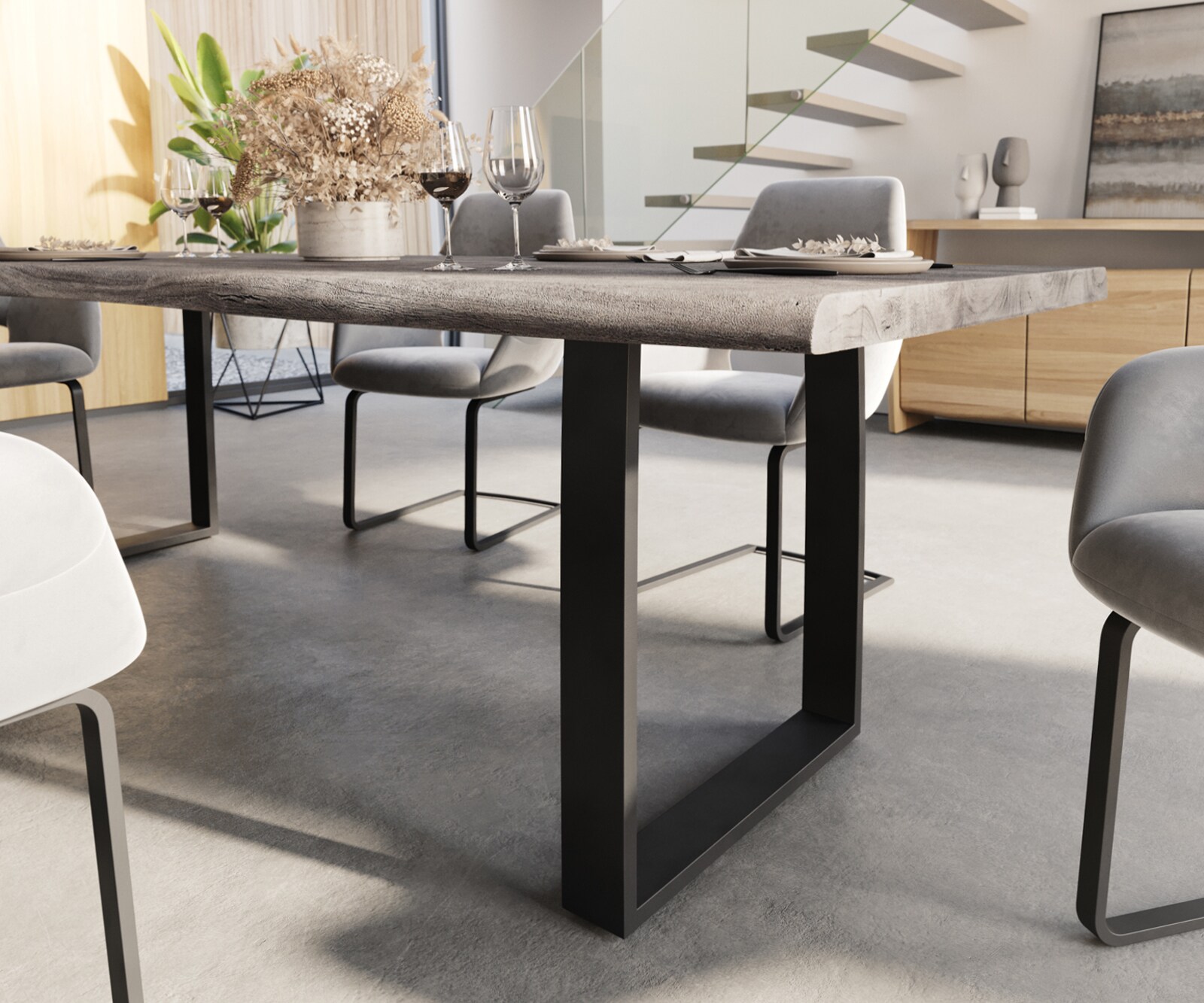 Esstisch Edge 260x100 XL Akazie Platin Metall Schmal schwarz Live-Edge 4