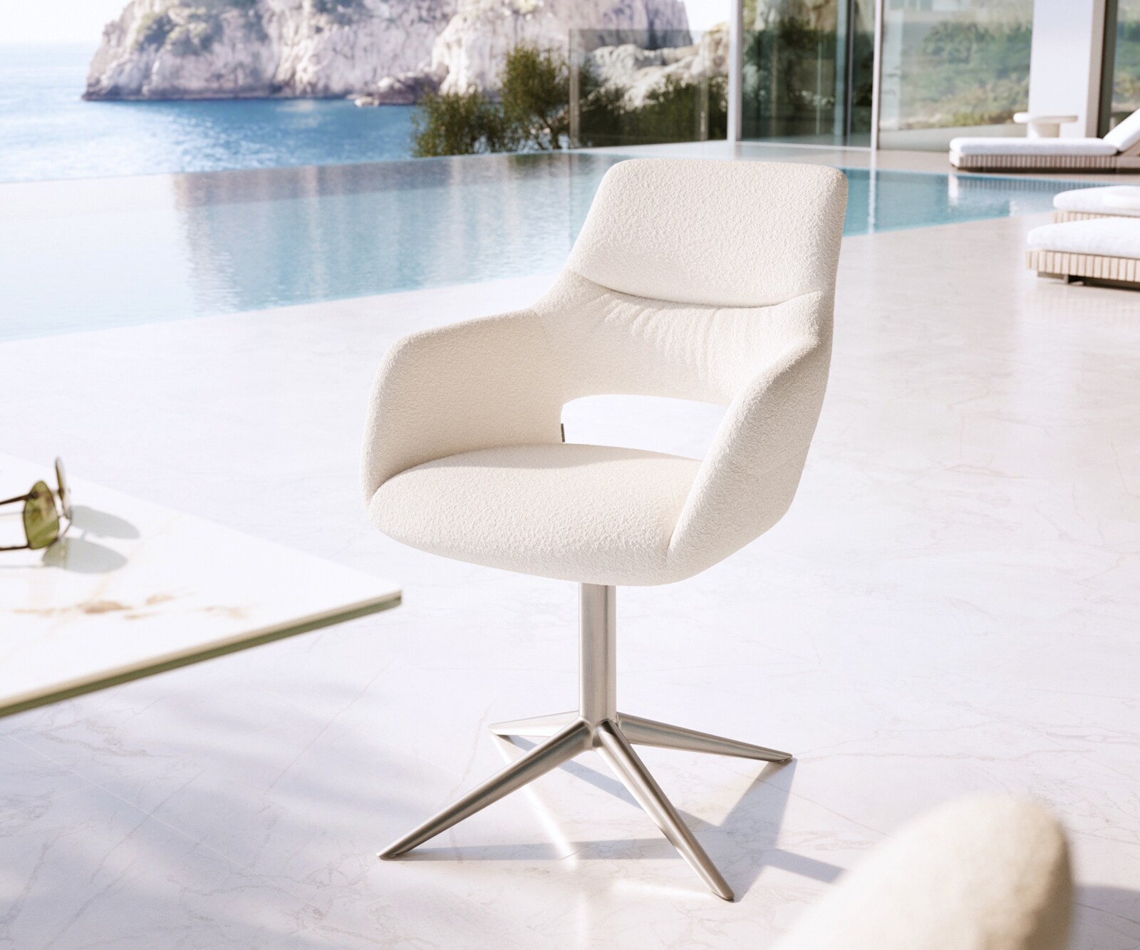 Outdoorstuhl Yago-Flex mit Armlehnen Bouclé Weiß Fußkreuz Edelstahl 360° drehbar Wippfunktion