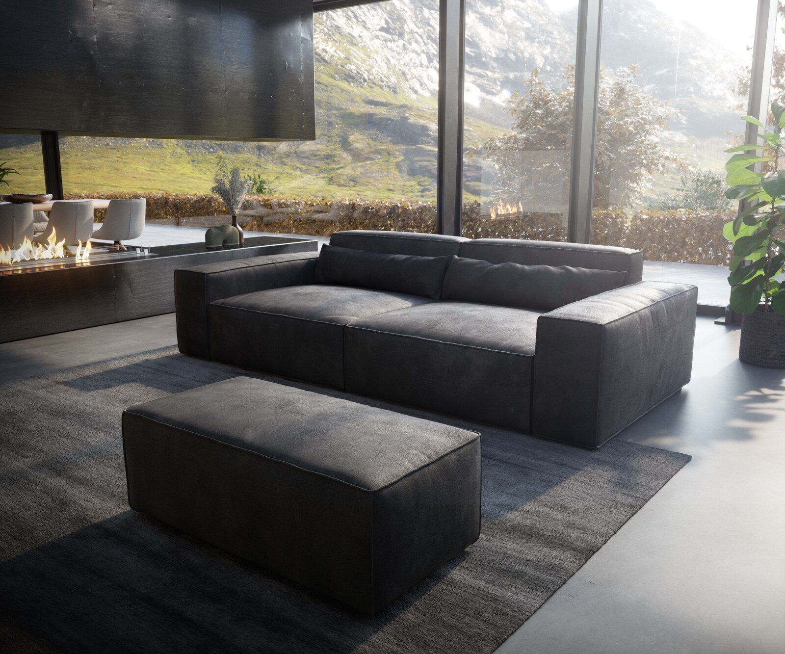 Big-Sofa Sirpio XL 270x130 cm Lederimitat Vintage Anthrazit mit Hocker