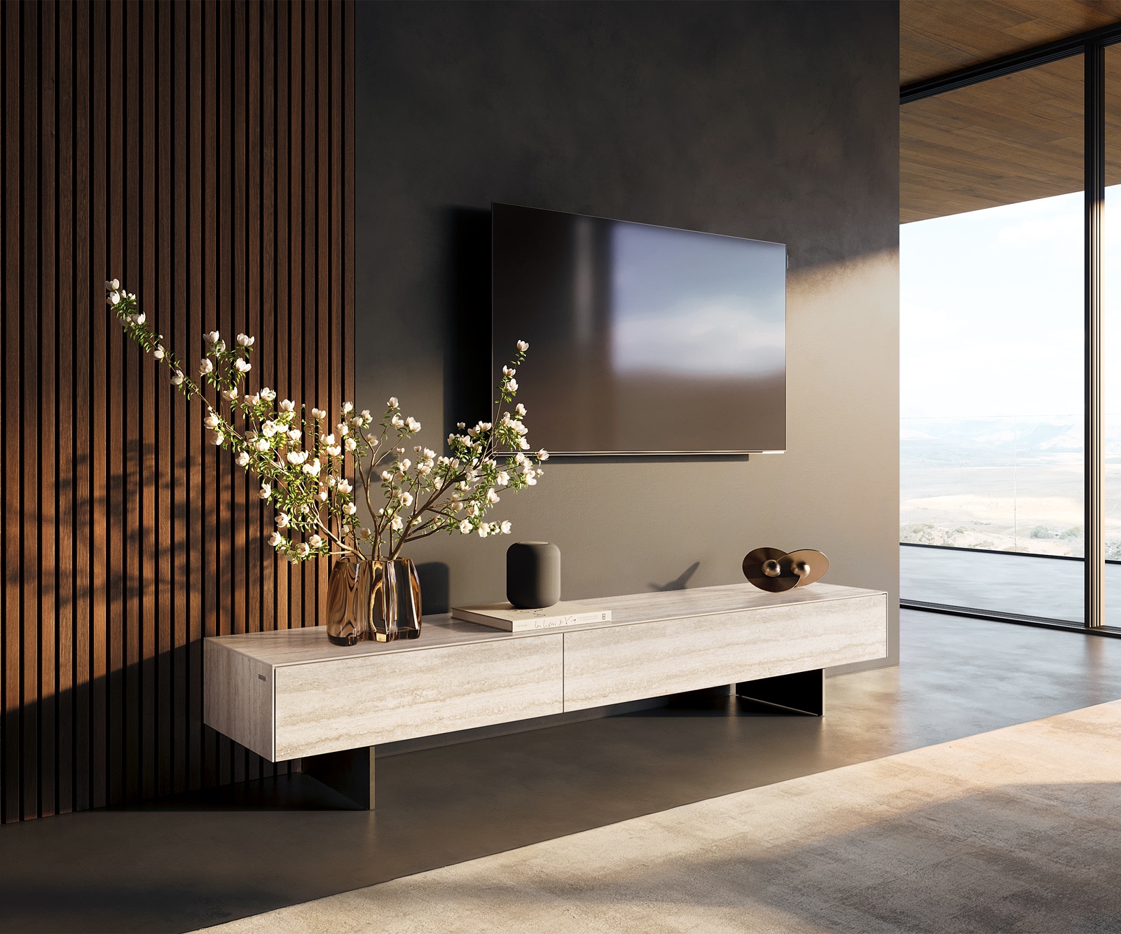 Lowboard Cuor 200 cm Keramik Laminam® Travertino Bianco Creme-Weiß 1 Klappe 1 Schubfach Fuß Schwebeoptik Metall Schwarz Lowboard Cuor 200 cm Keramik Laminam® Travertino Bianco Creme-Weiß 1 Klappe 1 Schubfach Fuß Schwebeoptik Metall Schwarz