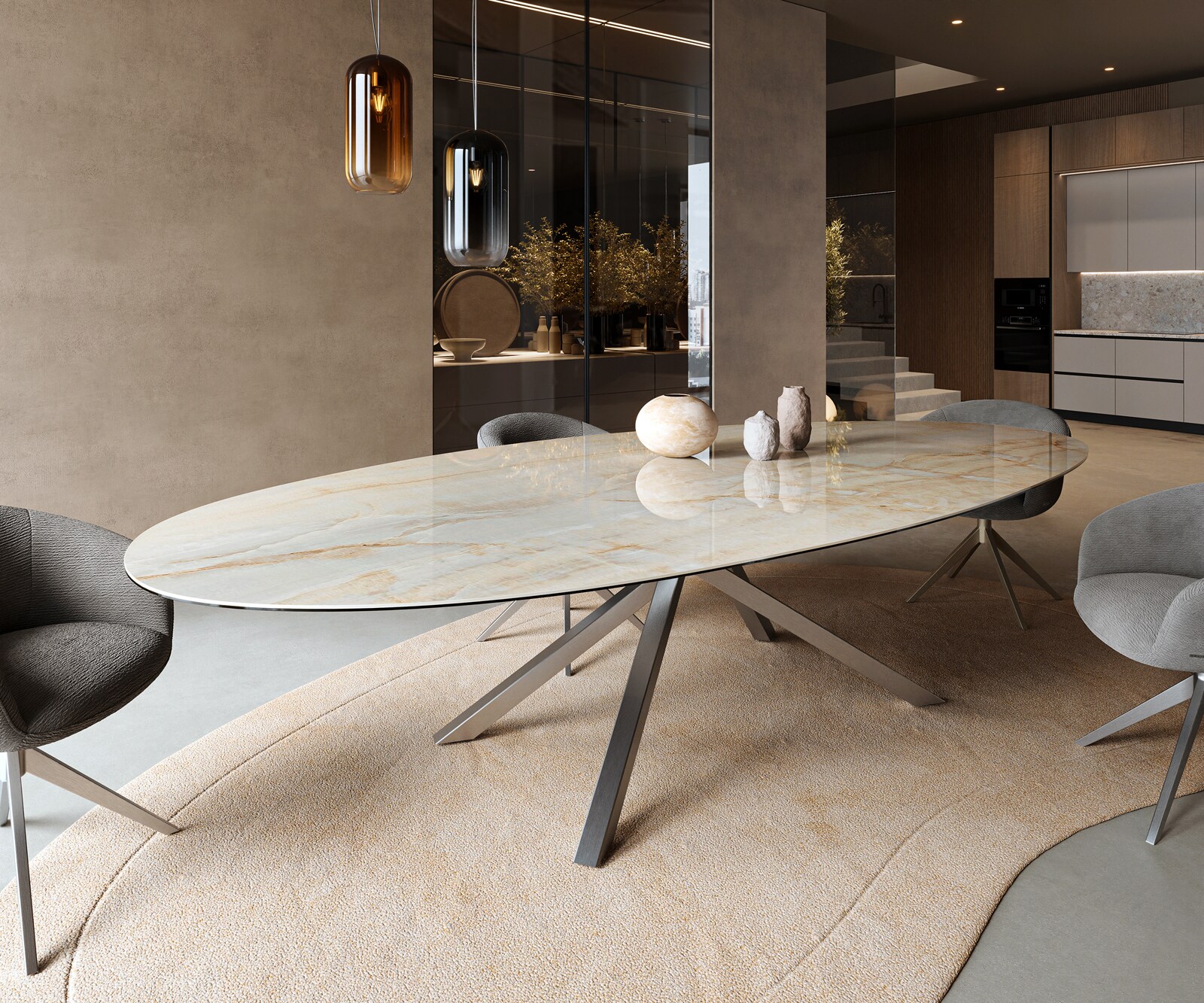 Esstisch Edge Oval 315x150 cm Keramik Iris FMG Onice Oro Kreuzgestell Rechteck Edelstahl