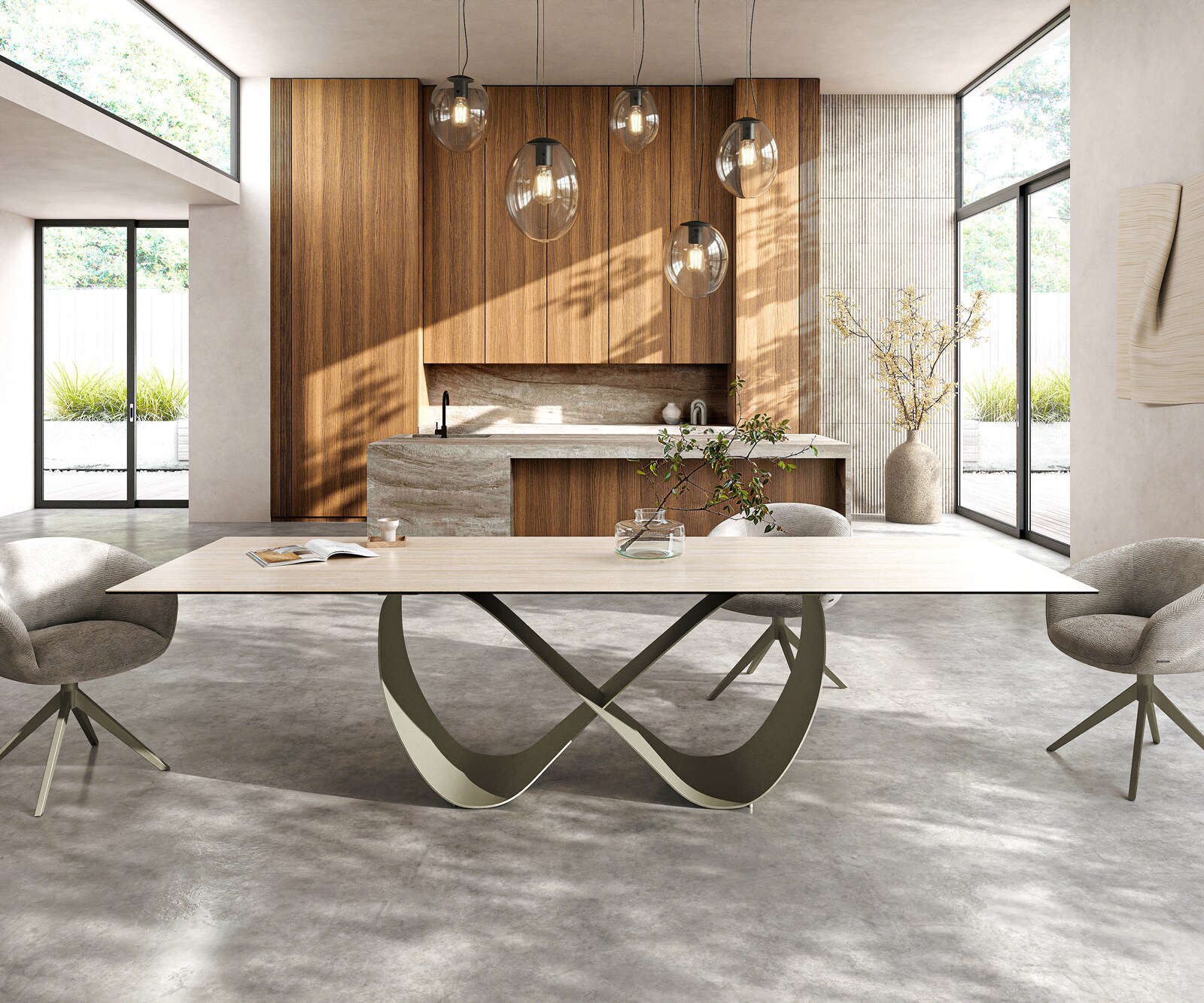 Esstisch Edge 300x100 Keramik Laminam® Travertino Bianco Creme-Weiß Infinity Metall Effektfinish Titan 1