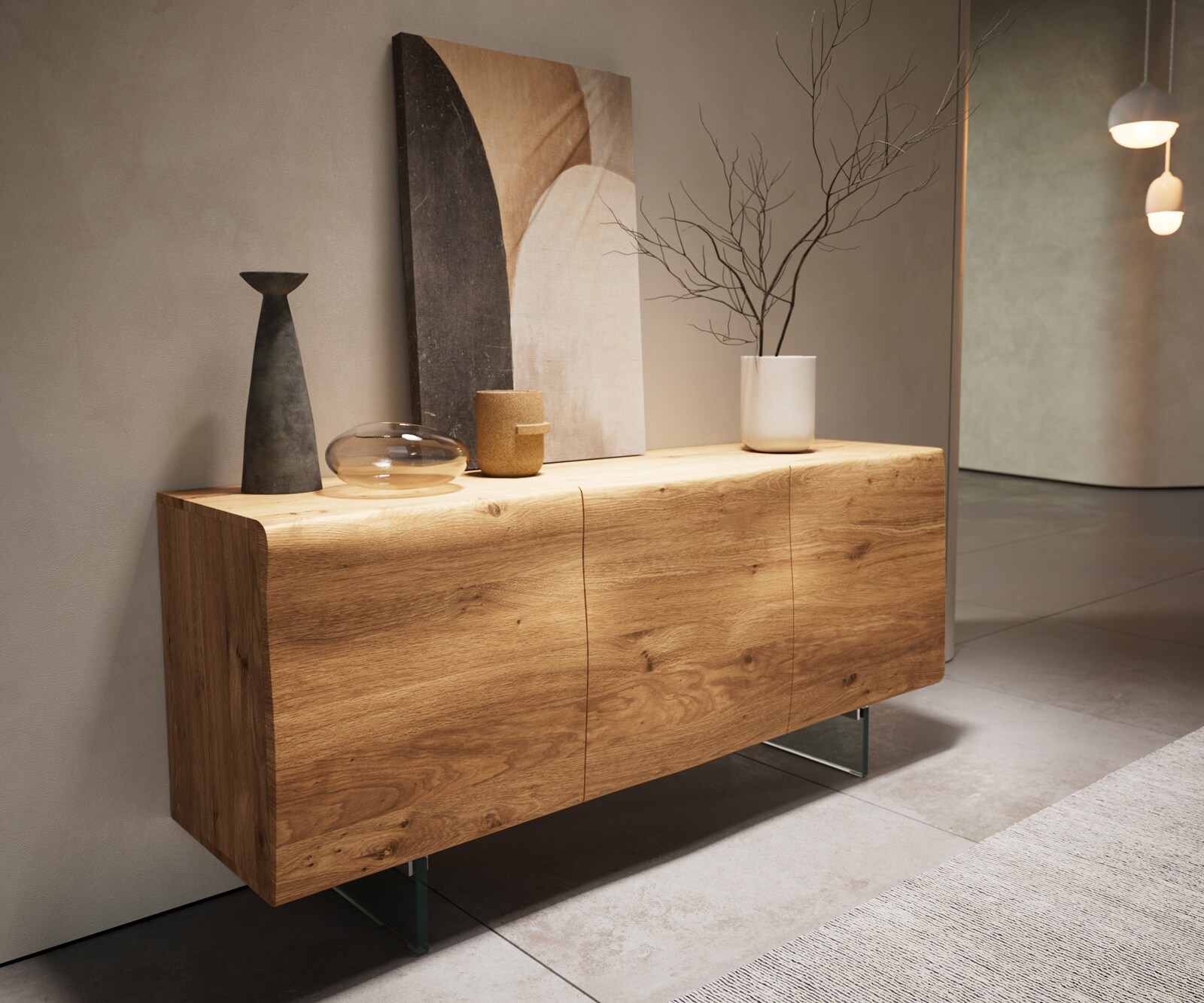 Sideboard New Live-Edge 145 cm Eiche Natur 3 Türen Glasfuß 3