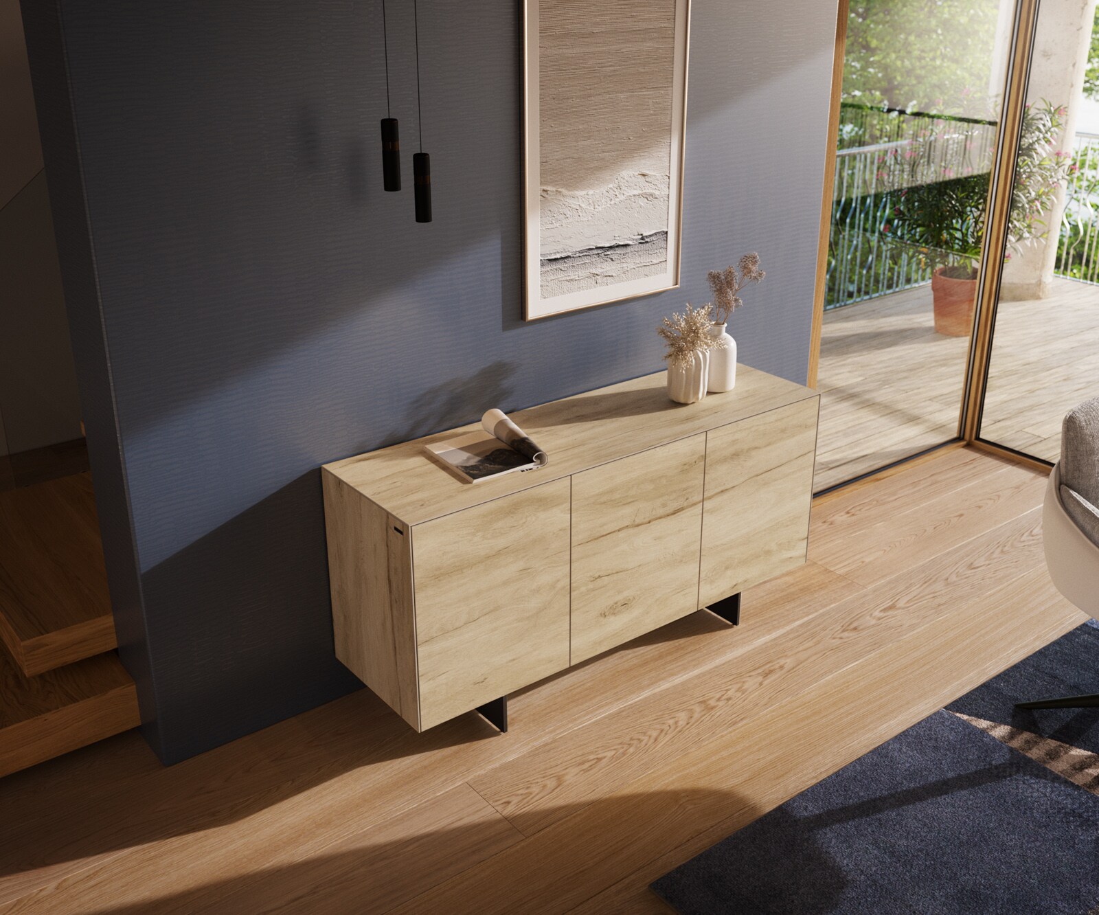 Sideboard Cuor 150 cm Keramik Laminam® Sabbia Eichefarbig 3 Türen Fuß Schwebeoptik Metall Schwarz 4