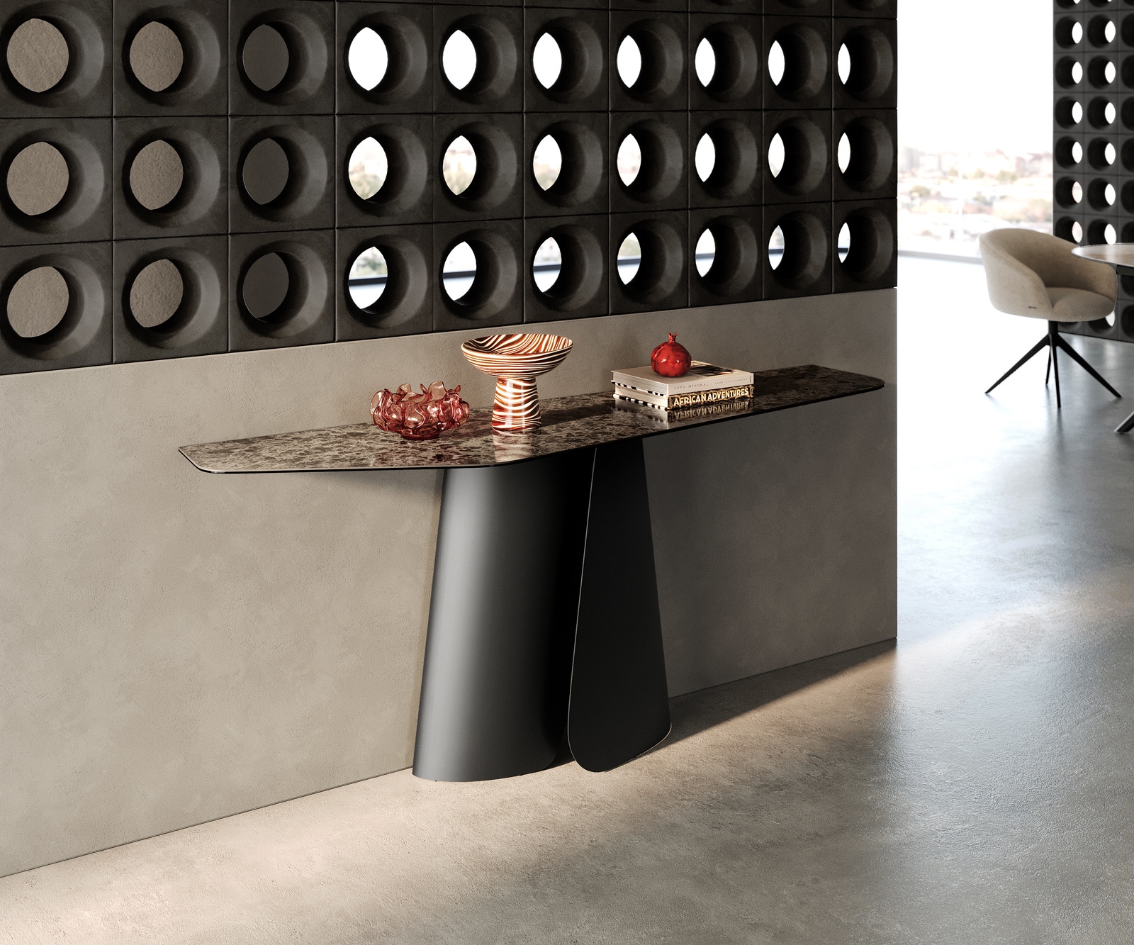 Konsolentisch Edge Polygonal 180x50 cm Keramik Emperador Extra Lucidato Dunkelbraun Livos Metall Schwarz