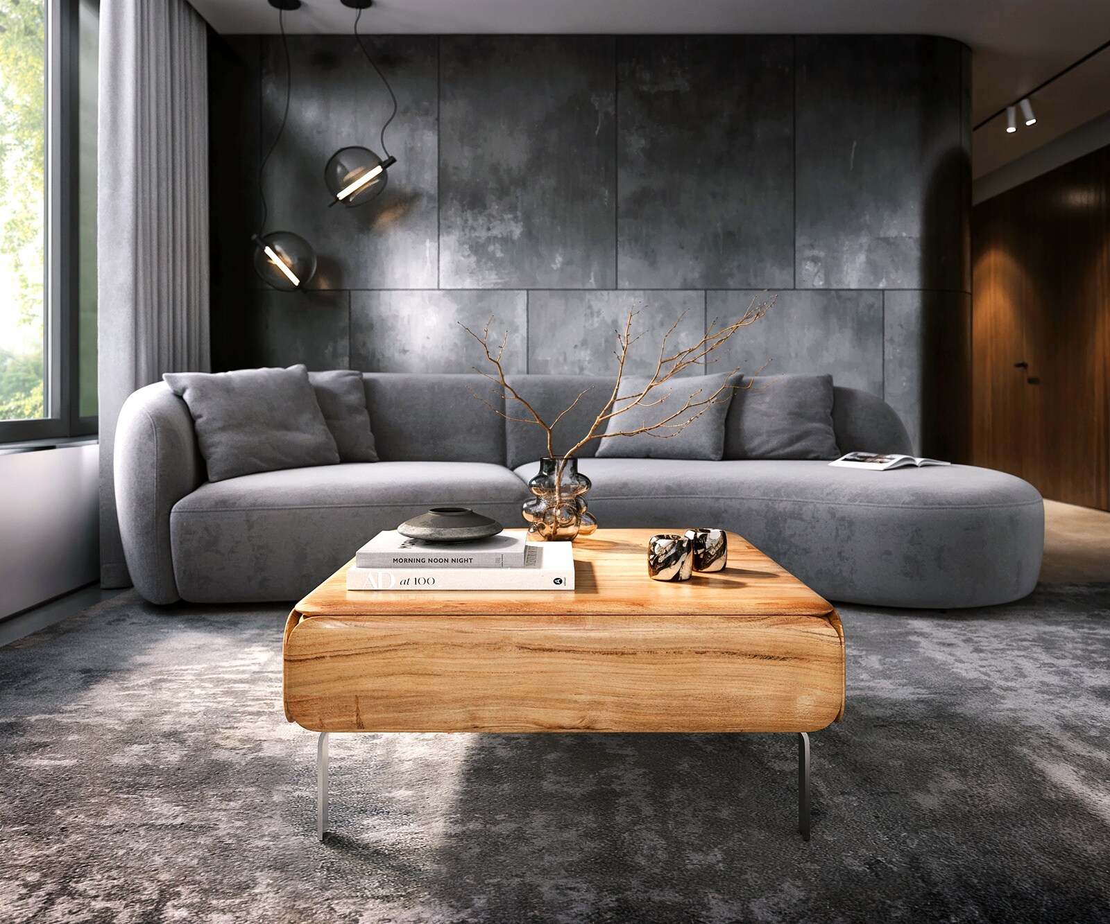 Couchtisch Shavani 90x90 cm Akazie Natur 2 Türen L-Fuß Edelstahl Silber 1