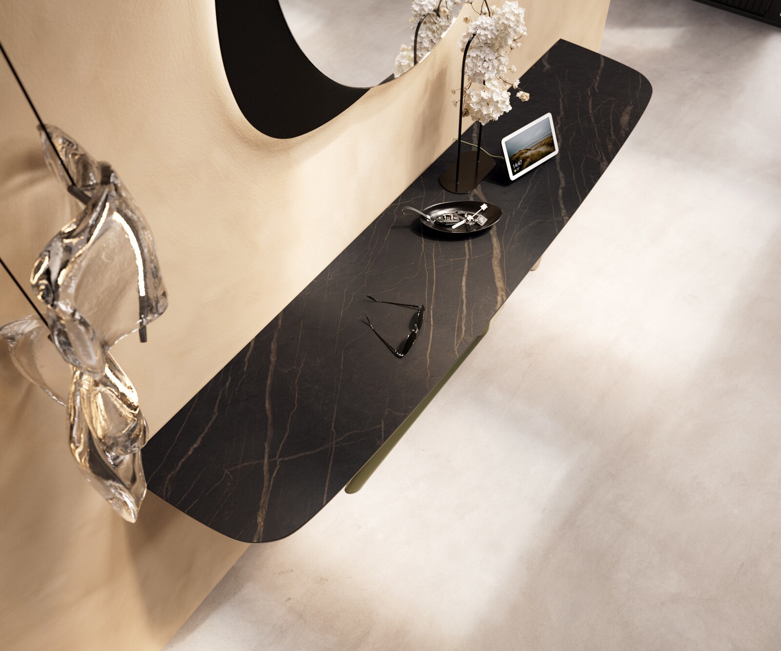 Konsolentisch Edge Boot 180x40 cm Keramik Laminam® Noir Desir Braun Estelo Metall Effektfinish Titan 2