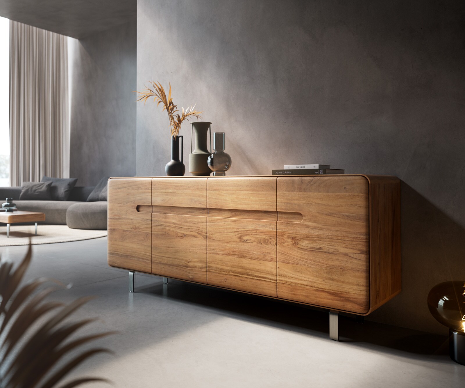 Sideboard Anaya 175 cm Akazie Natur 4 Türen L-Fuß Edelstahl 1