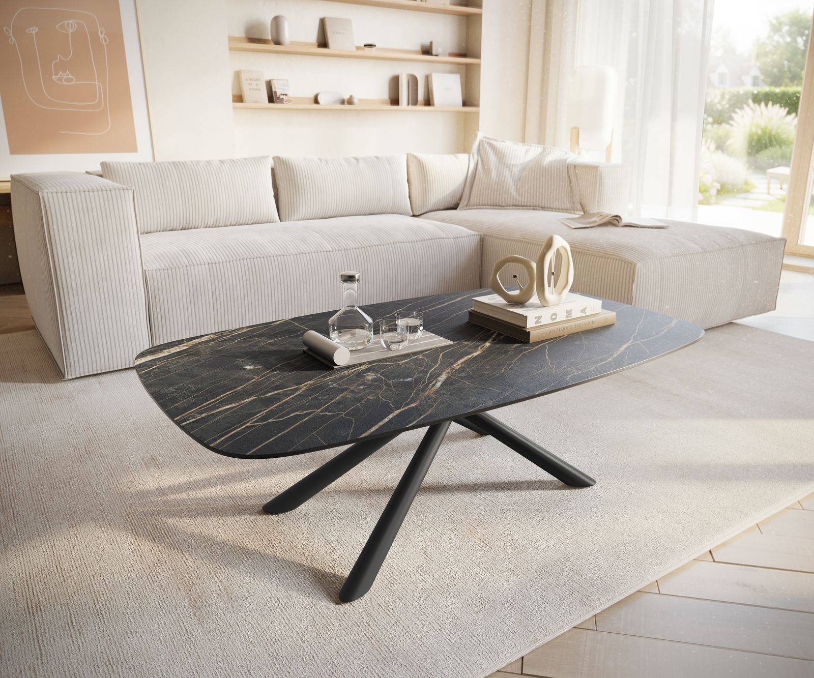 Couchtisch Edge Boot 120x70 cm Keramik Laminam® Noir Desir Braun Sarity Metall Schwarz