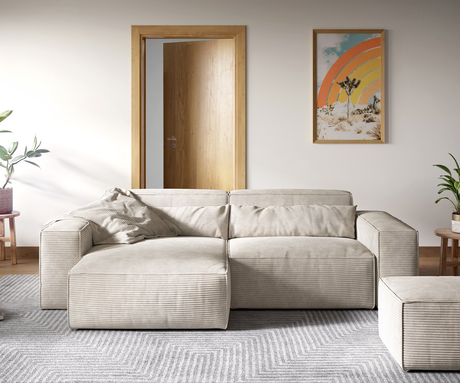 Ecksofa Sirpio XL 270x170 cm Cord Beige Recamiere variabel mit Hocker 1