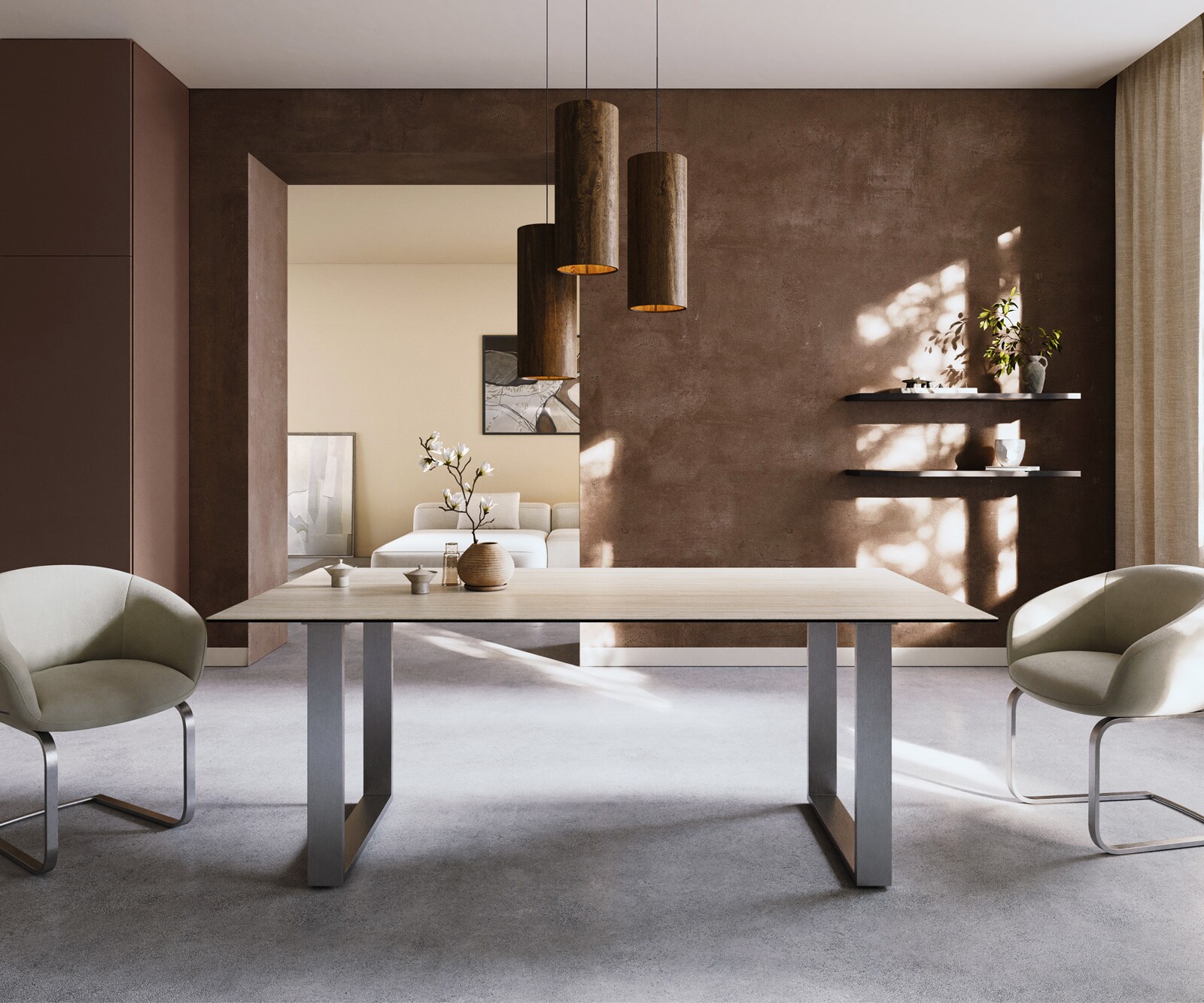 DELIFE Esstisch Edge 200x100 Keramik Laminam Travertino Bianco Creme-Weiß Edelstahl Schmal