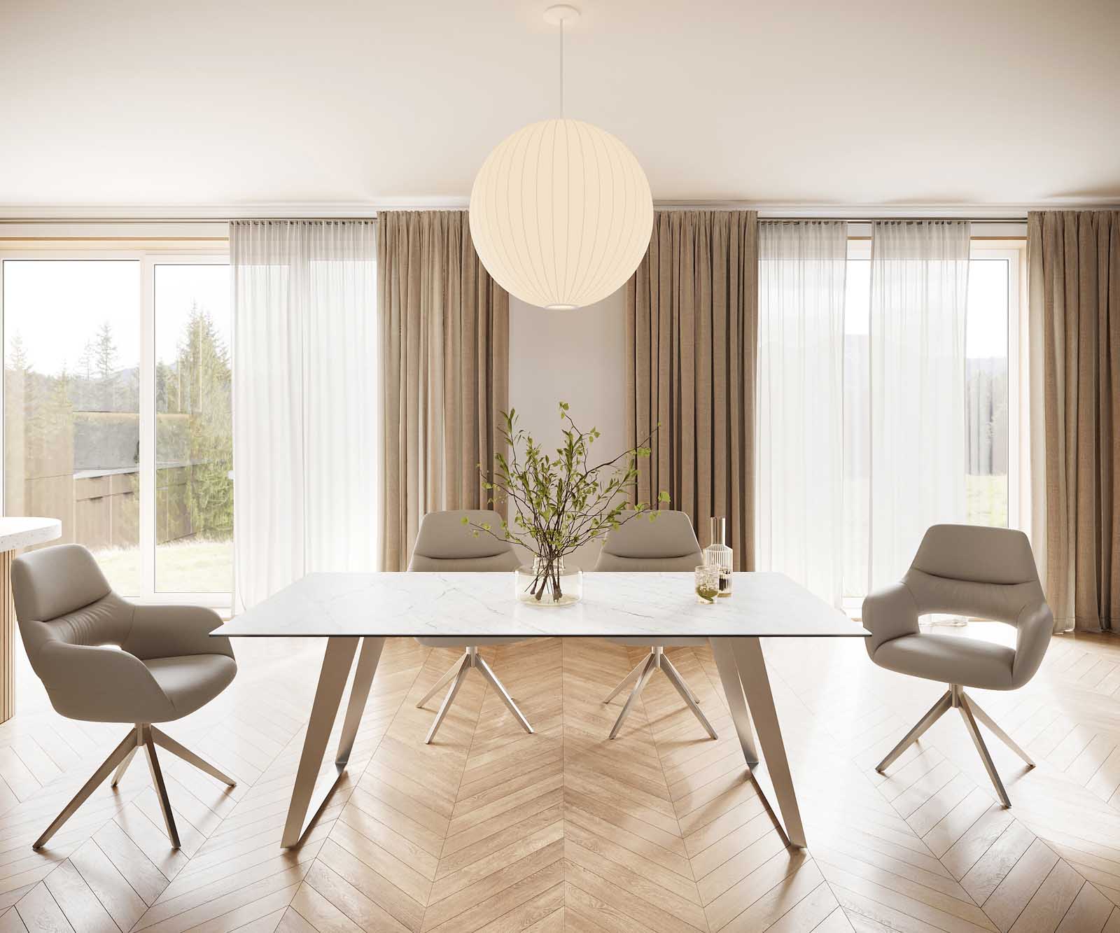 Esstisch Edge 200x100 Keramik Laminam® Statuarietto Weiß Edelstahl Schräg 1
