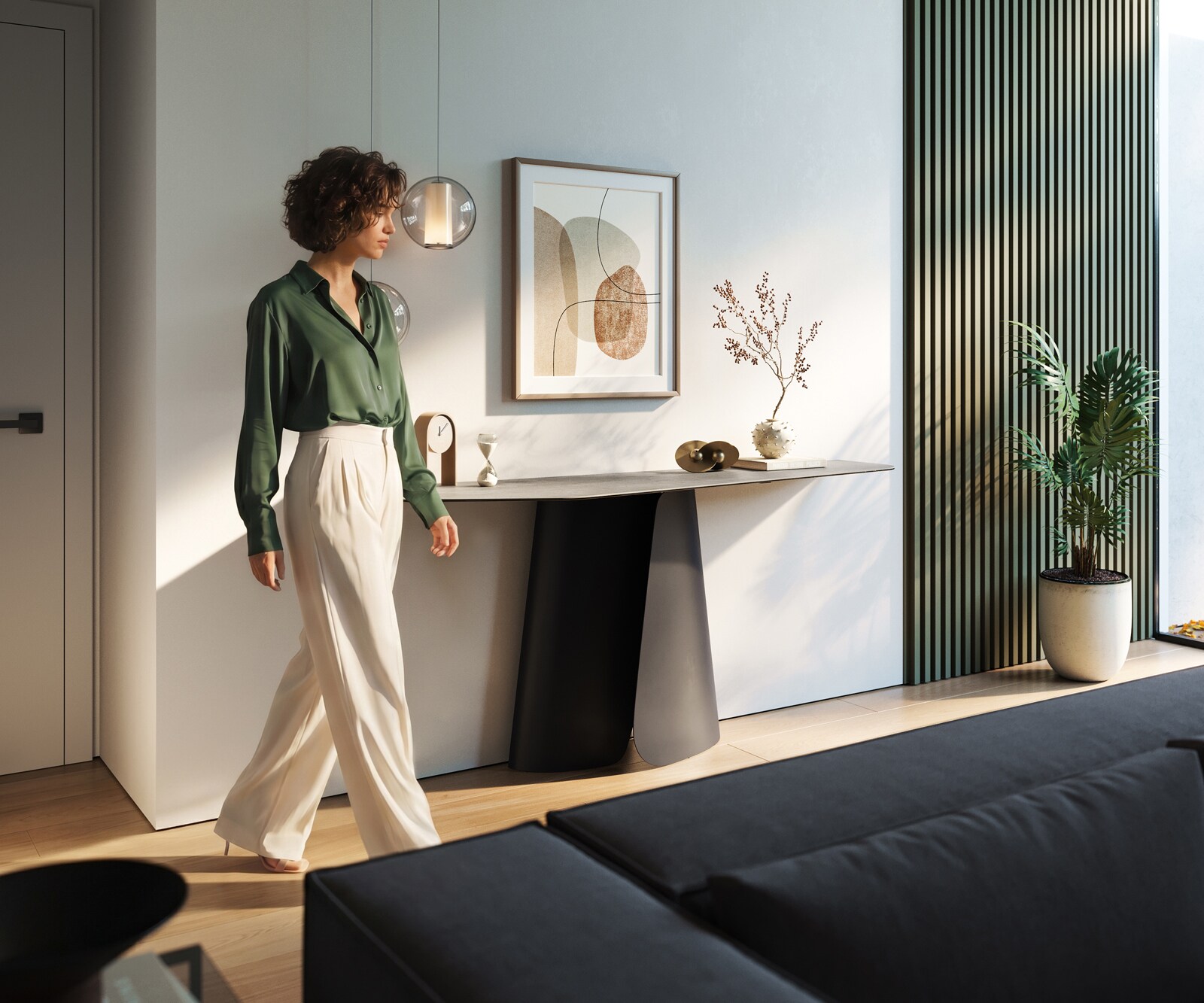 Konsolentisch Edge Polygonal 180x50 cm Keramik Beton Grau Livos Metall Schwarz 6