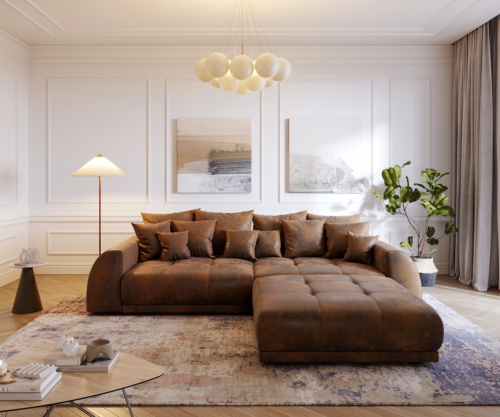 Big-Sofa Violetta 310x135 Braun Antik Optik Hocker Kissen 1