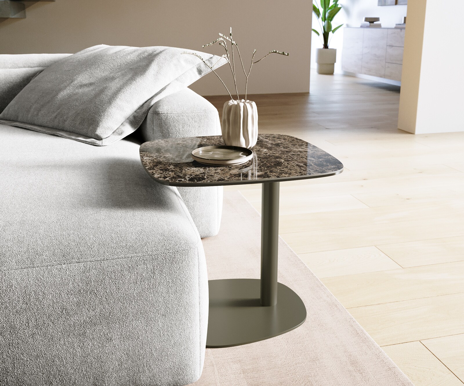 Couchtisch Edge Boot 50x50 cm Keramik Laminam® Emperador Extra Lucidato Dunkelbraun Eleny Metall Effektfinish Titan 1