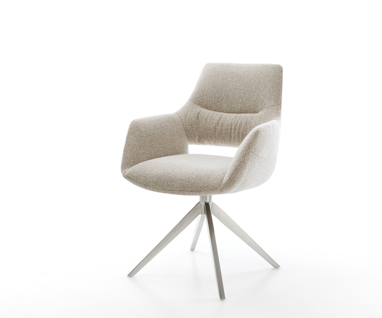 Drehstuhl Yago-Flex mit Armlehnen Webstoff Soft Beige Kreuzgestell breit Edelstahl 360° drehbar Wippfunktion Taschenfederkern