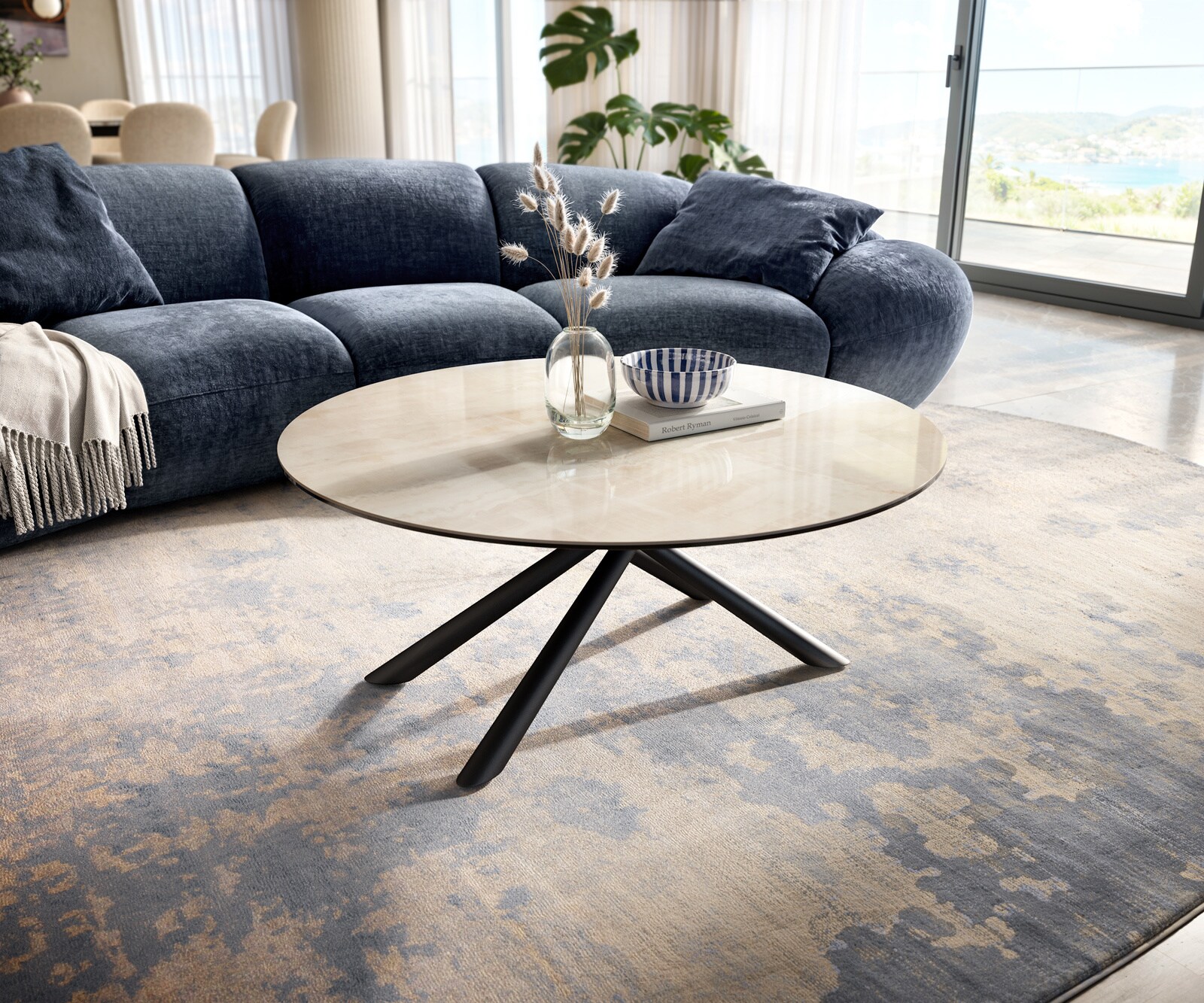 Couchtisch Edge Rund 100x100 cm Keramik Onyx Champagne Sarity Metall Schwarz 1