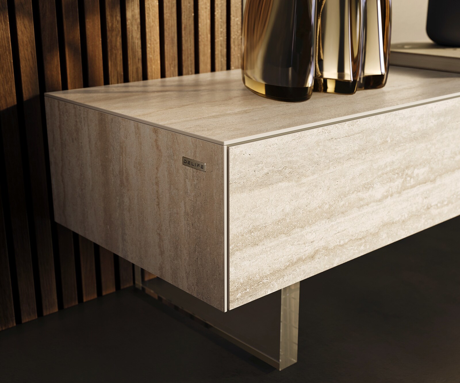 Lowboard Cuor 200 cm Keramik Laminam® Travertino Bianco Creme-Weiß 1 Klappe 1 Schubfach Fuß Schwebeoptik Acrylglas 5