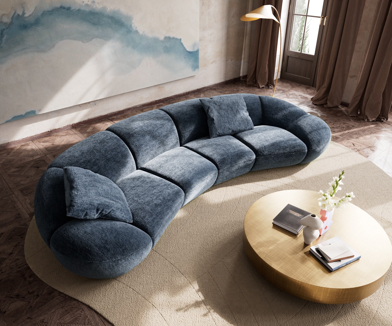 Big-Sofa Lunna 360x175 cm Chenille Blau 2 Kissen 3