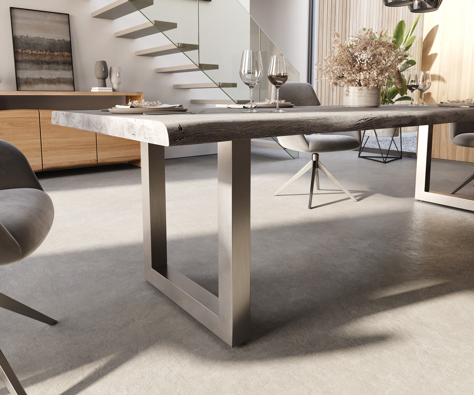 Esstisch Edge 300x100 XL Akazie Platin Edelstahl Breit Live-Edge 5