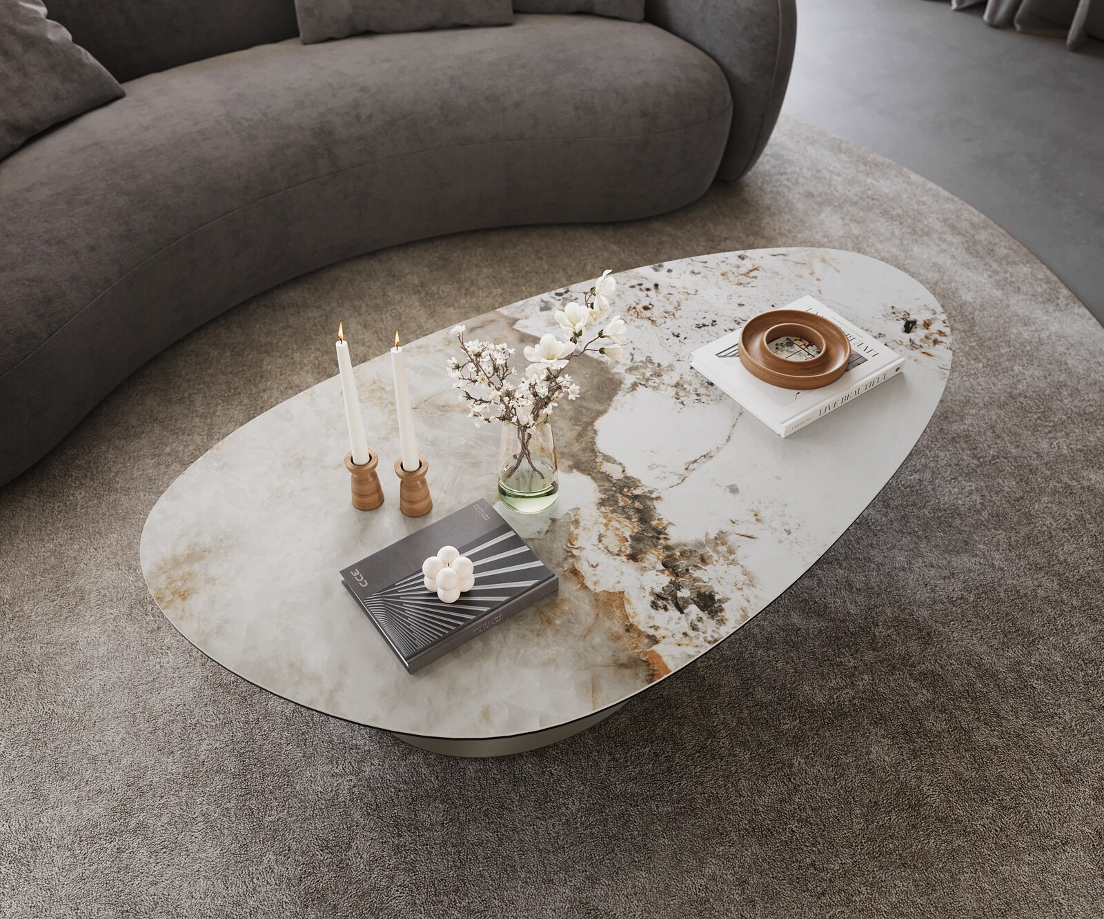 Couchtisch Edge Oval 140x75 cm Keramik Minas Melange Conis Metall Effektfinish Titan 4