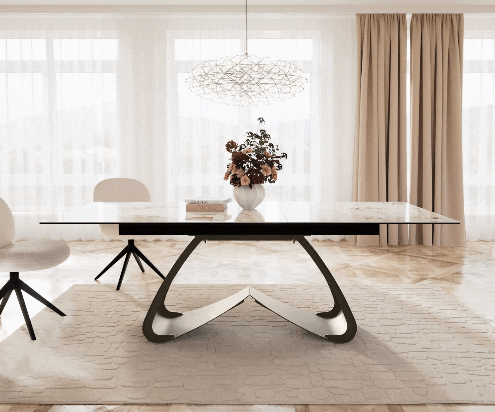 Esstisch Edge 180-220x100 Keramik Minas Melange Weiß-Beige W-Gestell Effektfinish Titan Ausziehbar 2
