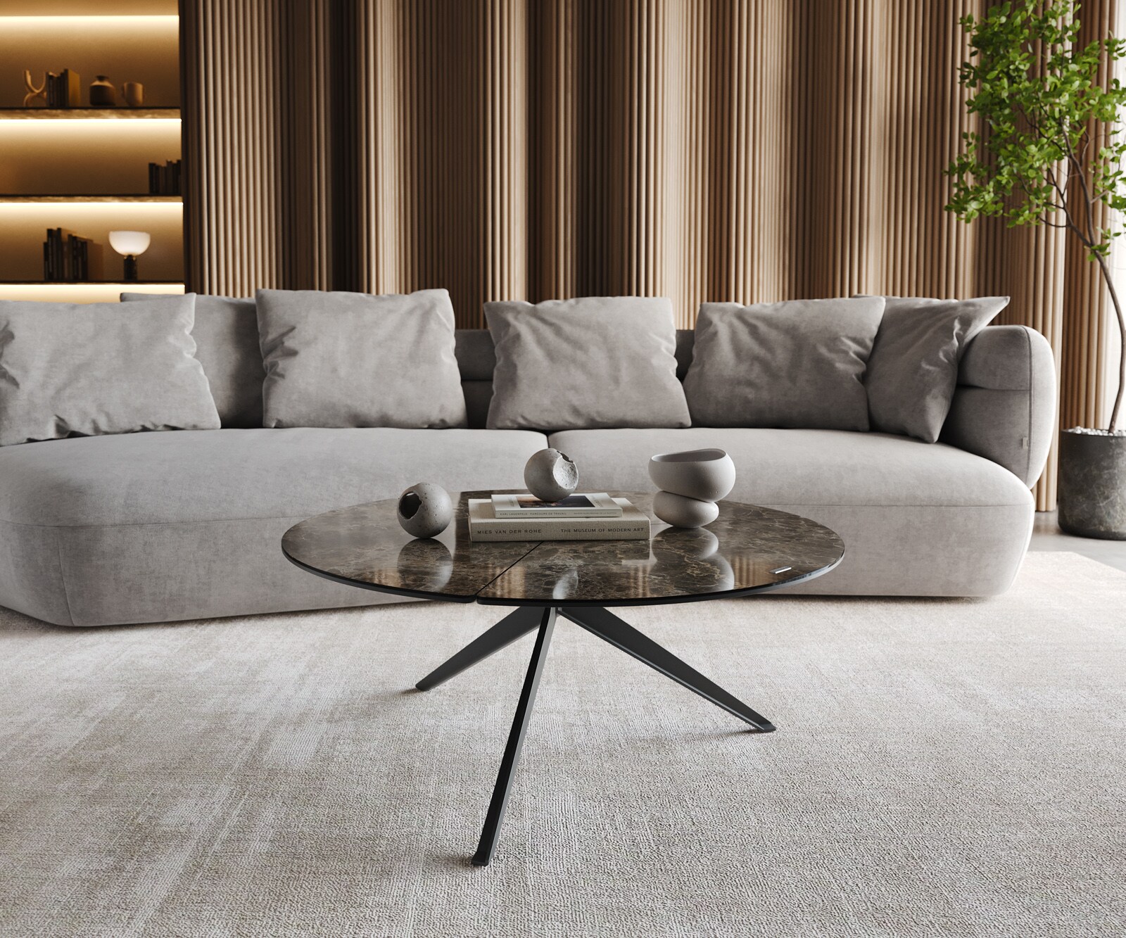 Couchtisch Delron 90x90 cm Keramik Emperador Extra Lucidato Dunkelbraun Kreuzfuß Flach Metall Schwarz 1