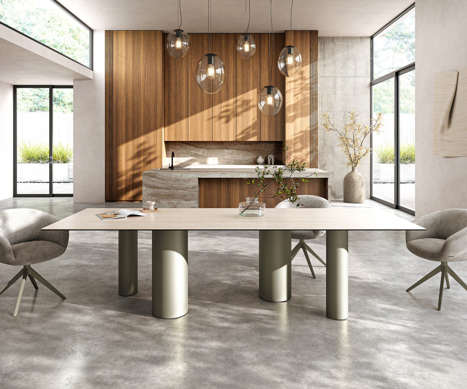 Esstisch Edge 300x100 Keramik Laminam® Travertino Bianco Creme-Weiß Pilier Metall Effektfinish Titan 1