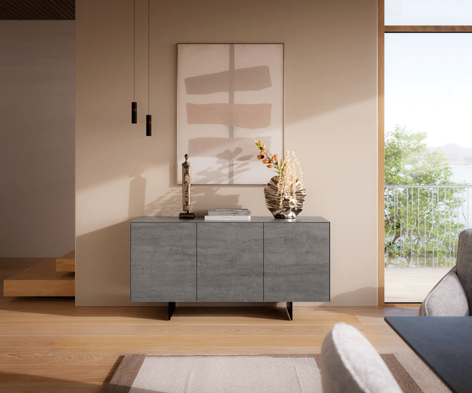 Sideboard Cuor 150 cm Keramik Beton Grau 3 Türen Fuß Schwebeoptik Metall Schwarz 1