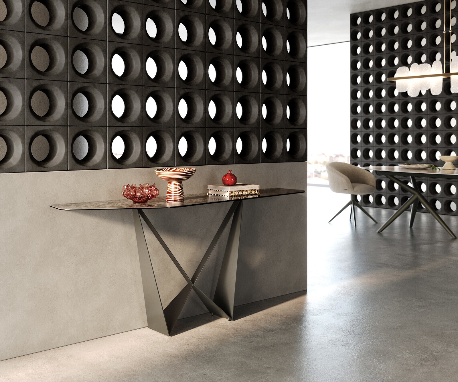 Konsolentisch Edge Polygonal 180x50 cm Keramik Emperador Extra Lucidato Dunkelbraun Spios Metall Effektfinish Titan 6