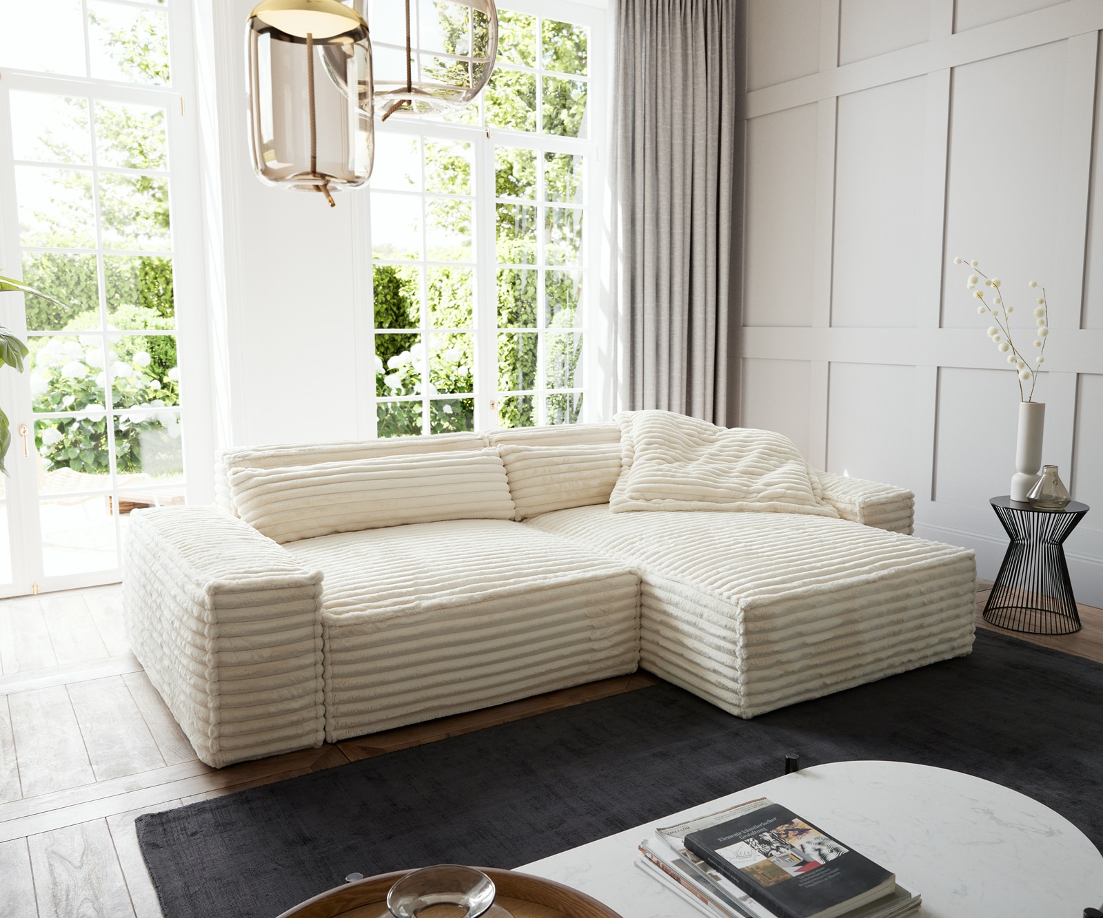Delife Ecksofa Sirpio Xl 270x170 Cm Plüschcord Beige Recamiere Variabel