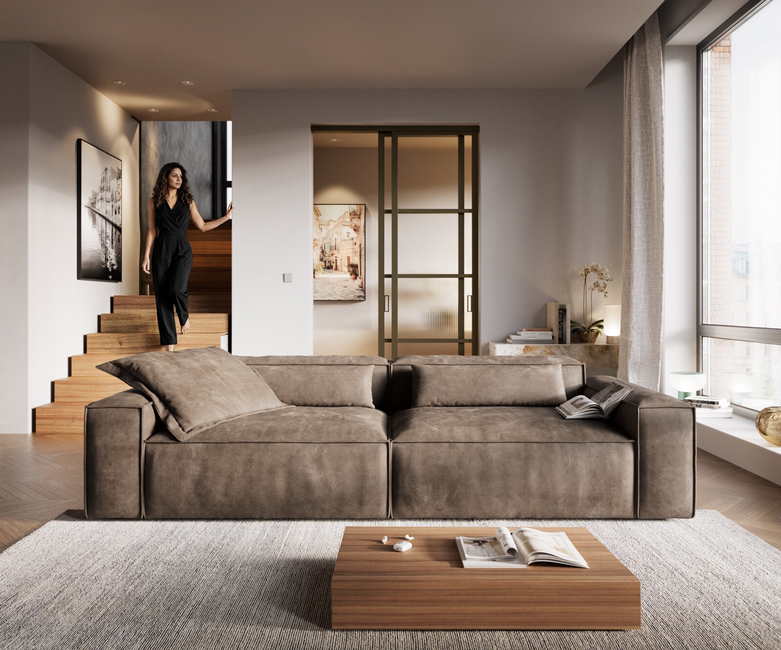 Big-Sofa Freestyle 280x110 cm Mikrofaser Taupe Vintage Kedernaht