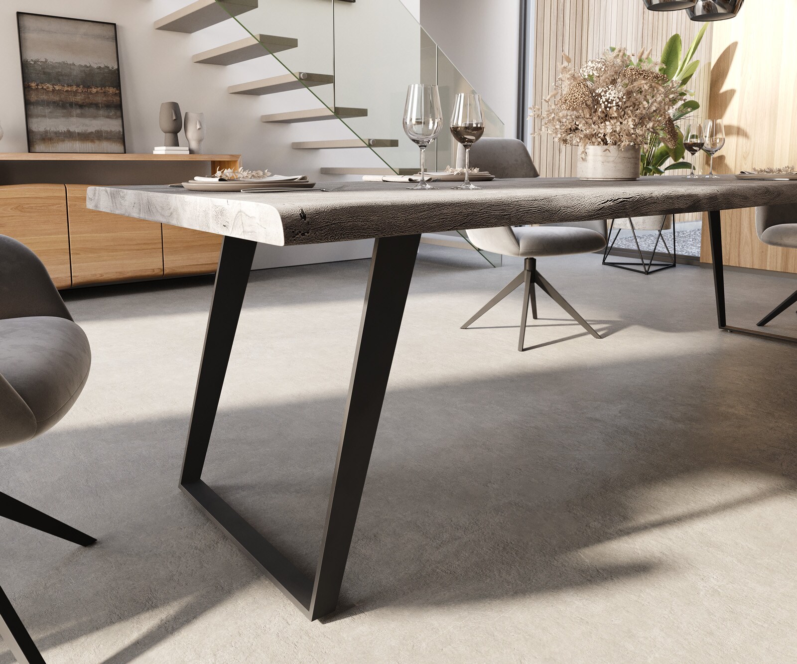 Esstisch Edge 300x100 XL Akazie Platin Metall Schräg Live-Edge 5