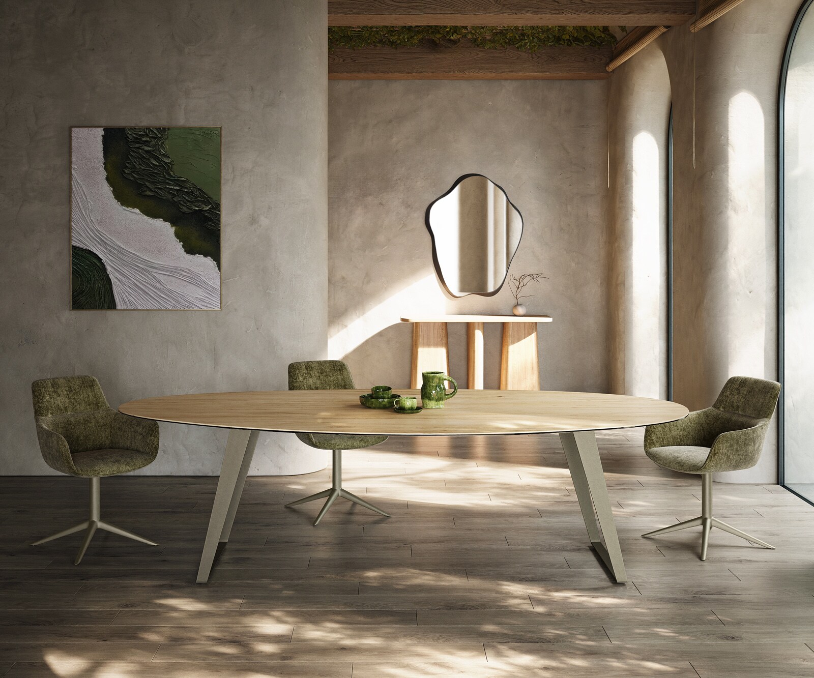 Esstisch Edge Oval 280x130 cm Keramik Laminam® Sabbia Eichefarbig Metall Schräg Effektfinish Titan 2