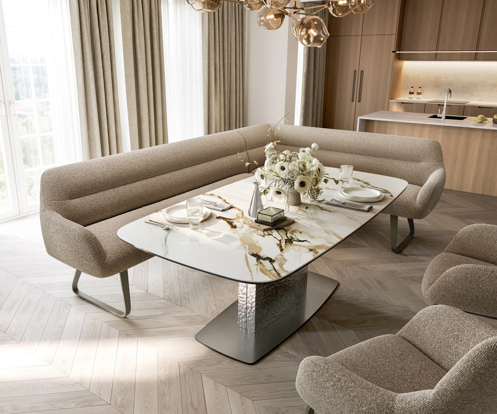 Esszimmerbank Taya-Flex 285x190 cm Bouclé Schlamm Kufengestell flach Effektfinish Titan Taschenfederkern Links 1