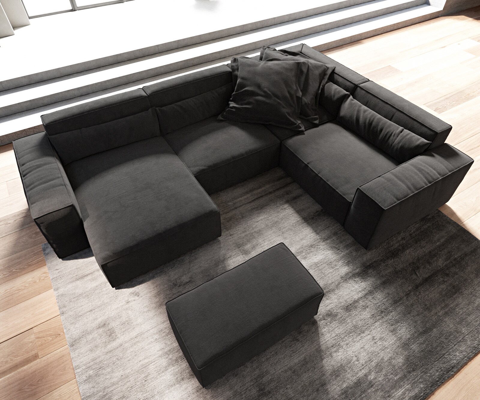 Wohnlandschaft Sirpio 300x210 cm Mikrofaser Schwarz Recamiere variabel mit Hocker 4