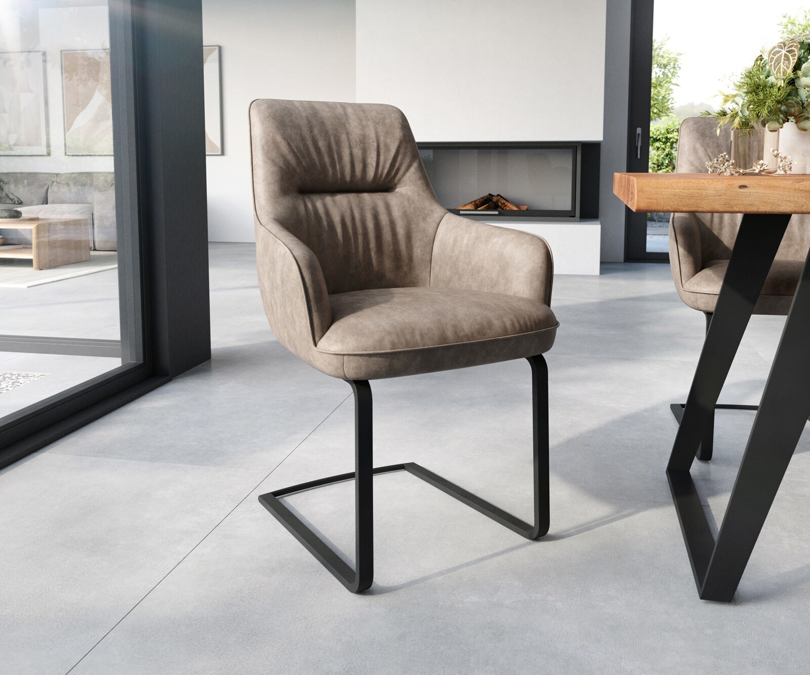 Freischwinger Zelia-Flex mit Armlehnen Mikrofaser Taupe Vintage Freischwinger flach Schwarz Taschenfederkern