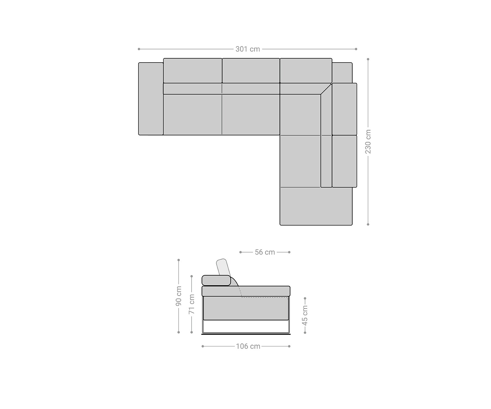 Ecksofa Floyd 300x230 Silbergrau Ottomane rechts Kopfteilverstellung by W. Schillig 6