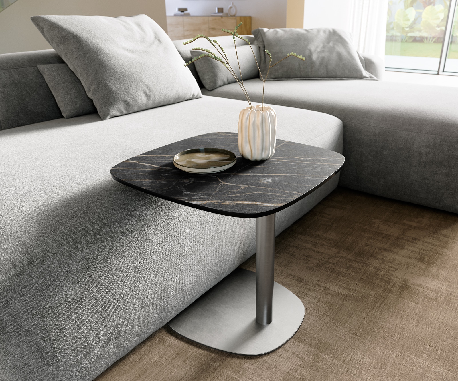 Beistelltisch Edge Boot 50x50 cm Keramik Laminam® Noir Desir Braun Eleny Edelstahl gebürstet