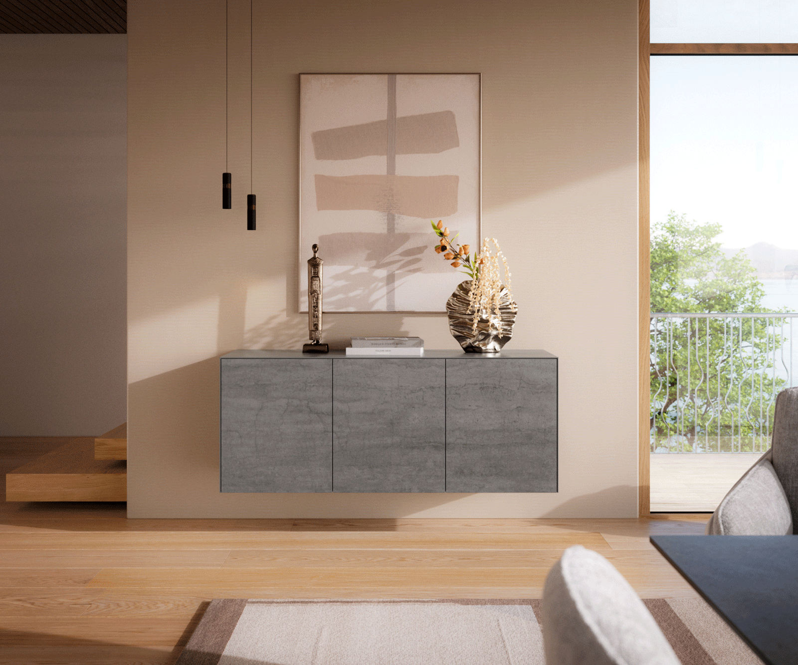 Sideboard Cuor 150 cm Keramik Beton Grau 3 Türen Schwebend 1