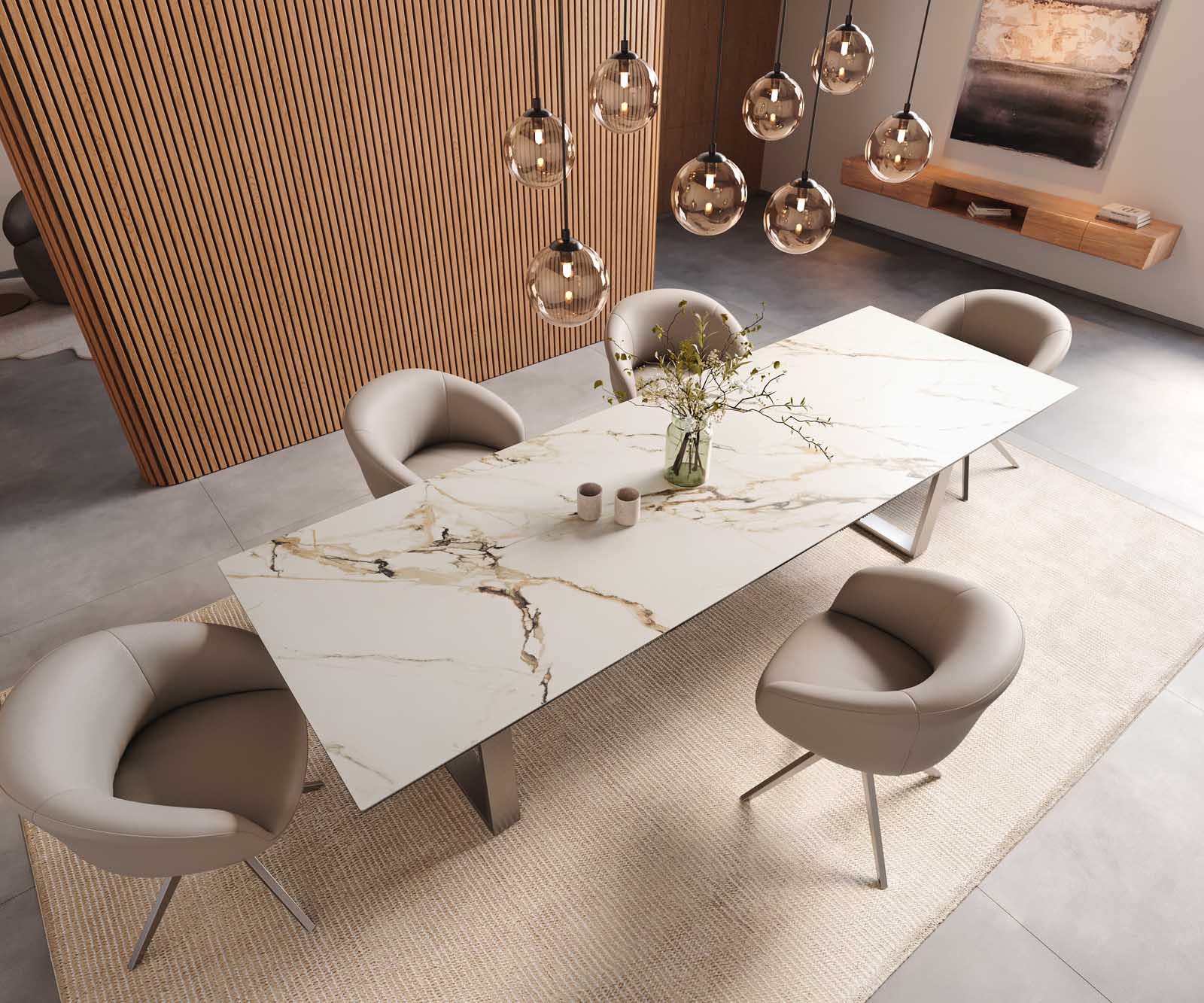 Esstisch Edge 300x100 Keramik Calacatta Luxe Weiß-Gold-Grau Edelstahl Schmal 6