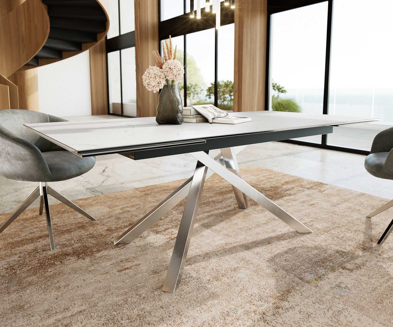 Esstisch Edge 200-300x100 Keramik Laminam®Statuarietto Weiß Kreuzgestell Rechteck Edelstahl ausziehbar 4 Esstisch Edge 200-300x100 Keramik Laminam®Statuarietto Weiß Kreuzgestell Rechteck Edelstahl ausziehbar 4